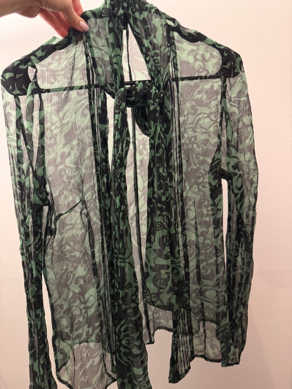 Silk Sandwich Green & Black Sheer Tie-Neck Blouse